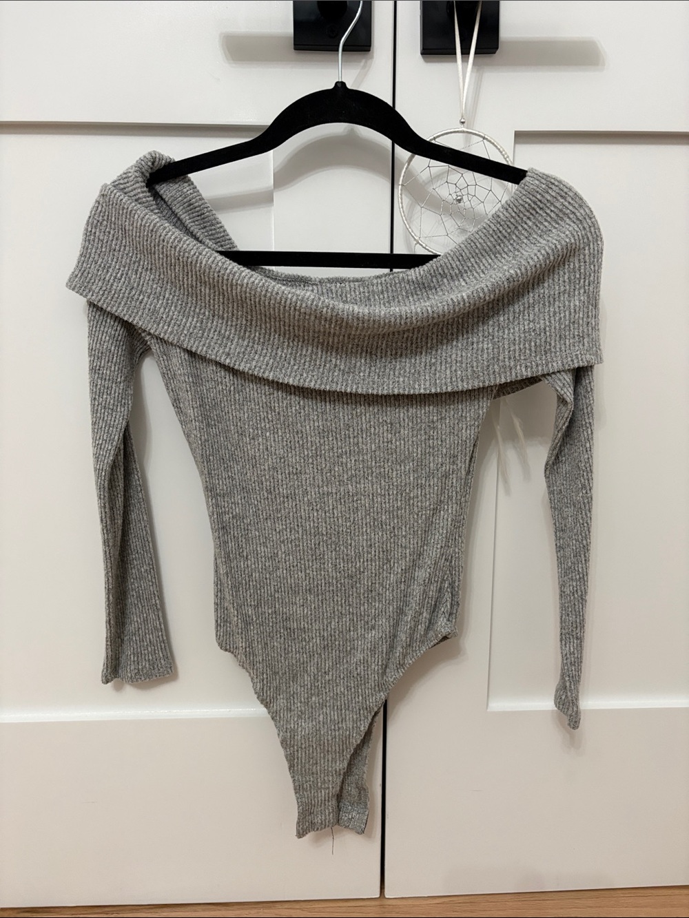 Fashion Nova Gray Off-the-Shoulder Ribbed Sweater Bodysuit